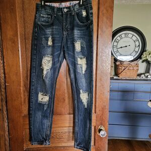 GB18401-2010 Distressed Blue/Tan Men's Jeans, Size 29/30 - Rugged Vintage Denim!